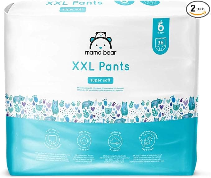 Amazon Brand - Mama Bear XXL Nappy Pants, Size 6 (18-30kg), 72 Count (2 Packs of 36), White